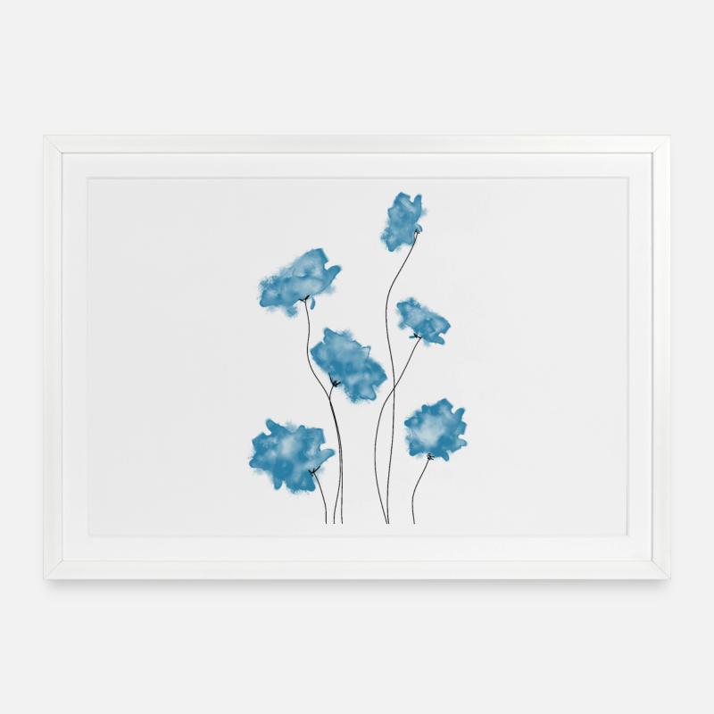 Blaue Blumen - Gerahmtes Poster (69 × 49 cm) - Weiß