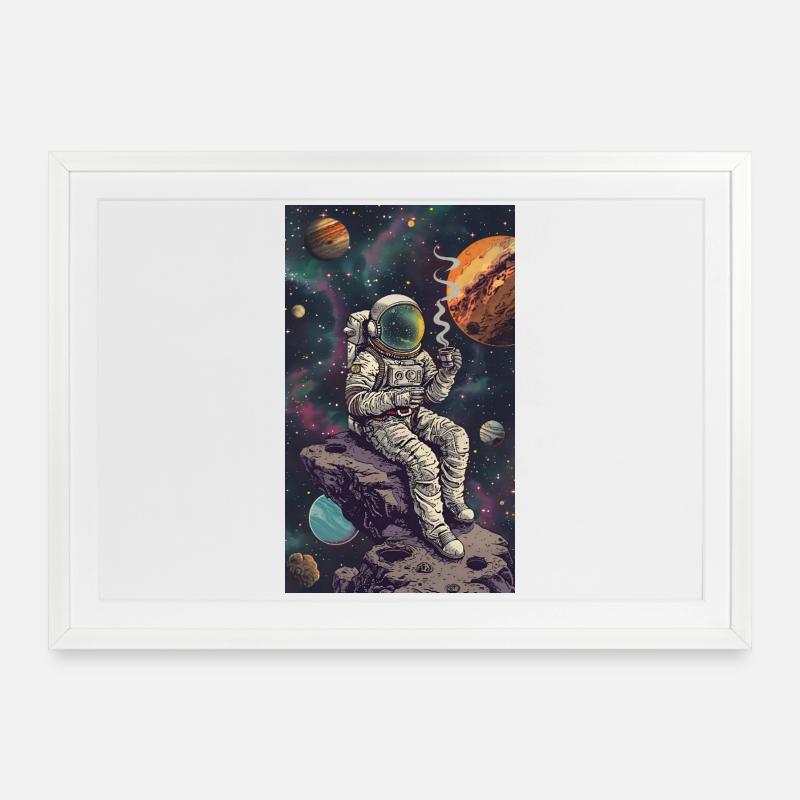 Astronaut auf einem Asteroiden im All - Gerahmtes Poster (69 × 49 cm) - Weiß