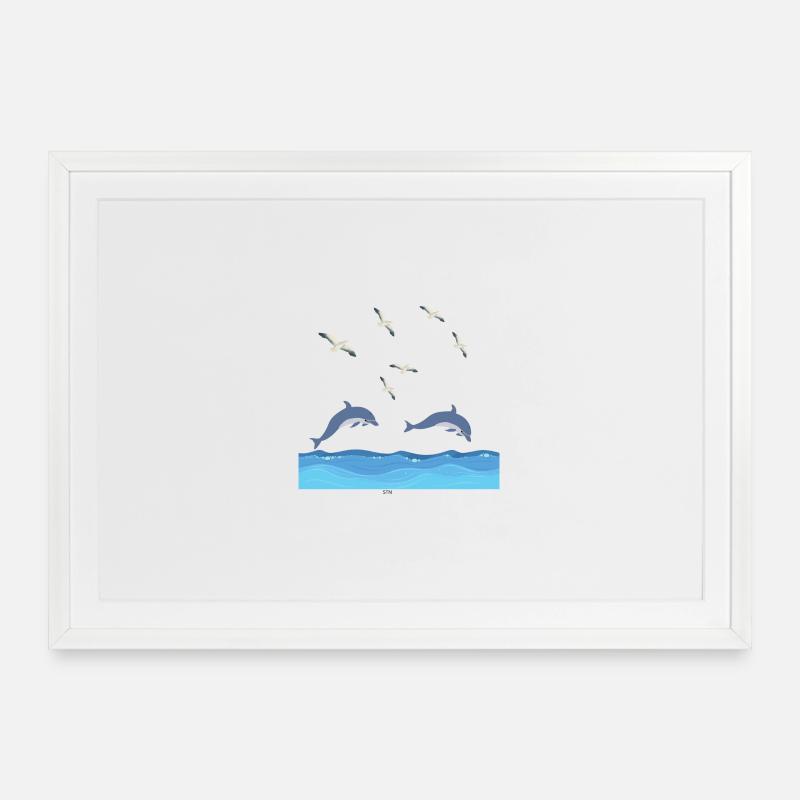 Dolphins Leap Over Azure Waves - Framed poster (69 × 49 cm) - white