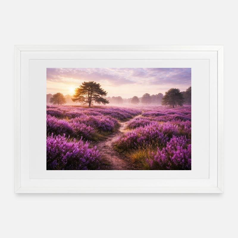 Champ de lavande au lever du soleil - Affiche encadrée (69 × 49 cm) - blanc