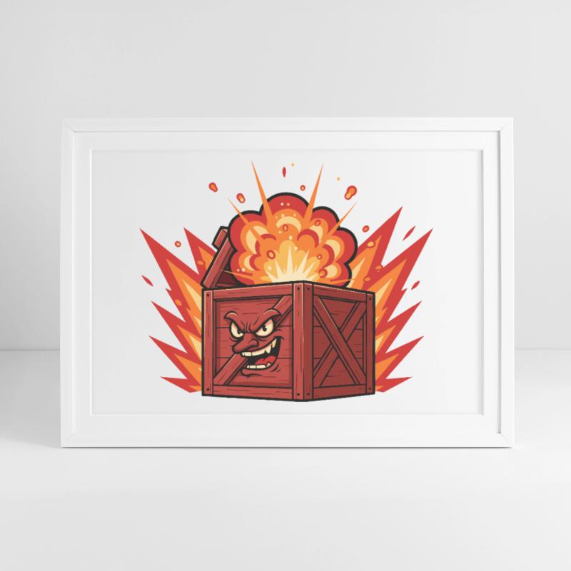 Exploding wooden box with a grim face Framed poster (69 × 49 cm)