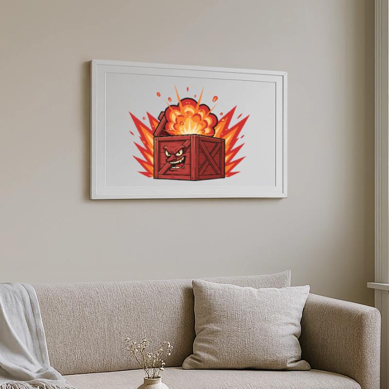 Exploding wooden box with a grim face Framed poster (69 × 49 cm)