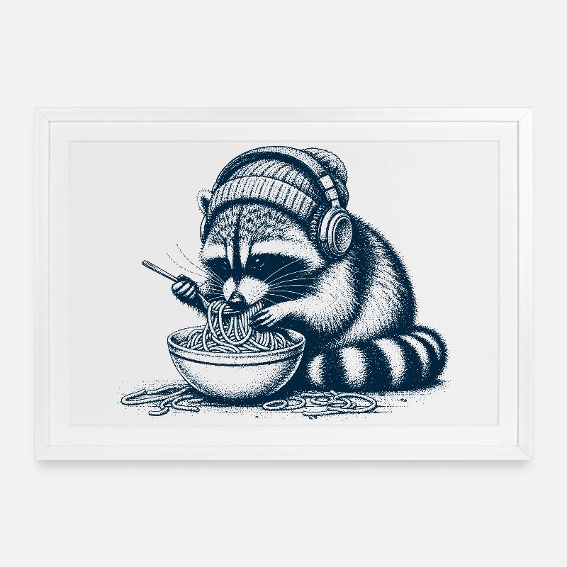 Spaghetti Raccoon - Affiche encadrée (69 × 49 cm) - blanc