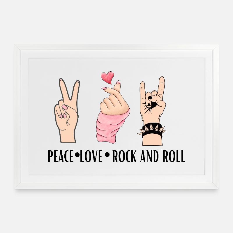 Paix, Amour, Rock And Roll - Affiche encadrée (69 × 49 cm) - blanc