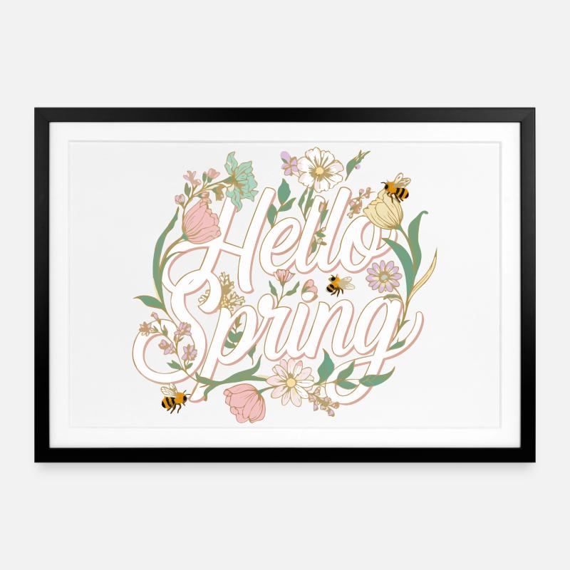Hello Spring – Spring Flowers & Bees T-Shirt - Framed poster (69 × 49 cm) - black