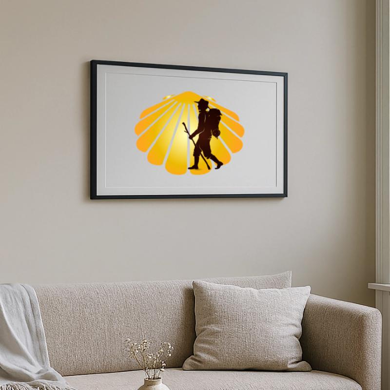 A pilgrim on a pilgrimage path with scallops Framed poster (69 × 49 cm)