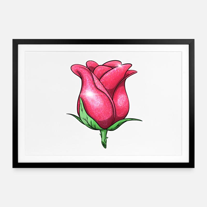 Glitter Pink Rose Illustration - Framed poster (69 × 49 cm) - black