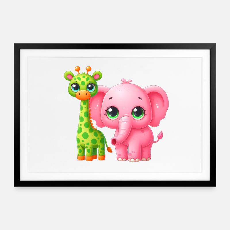 Illustration d’amitié animale mignonne - Affiche encadrée (69 × 49 cm) - noir