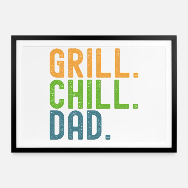 BBQ. Chill. Dad. Dads and crickets. - Framed poster (69 × 49 cm) - black