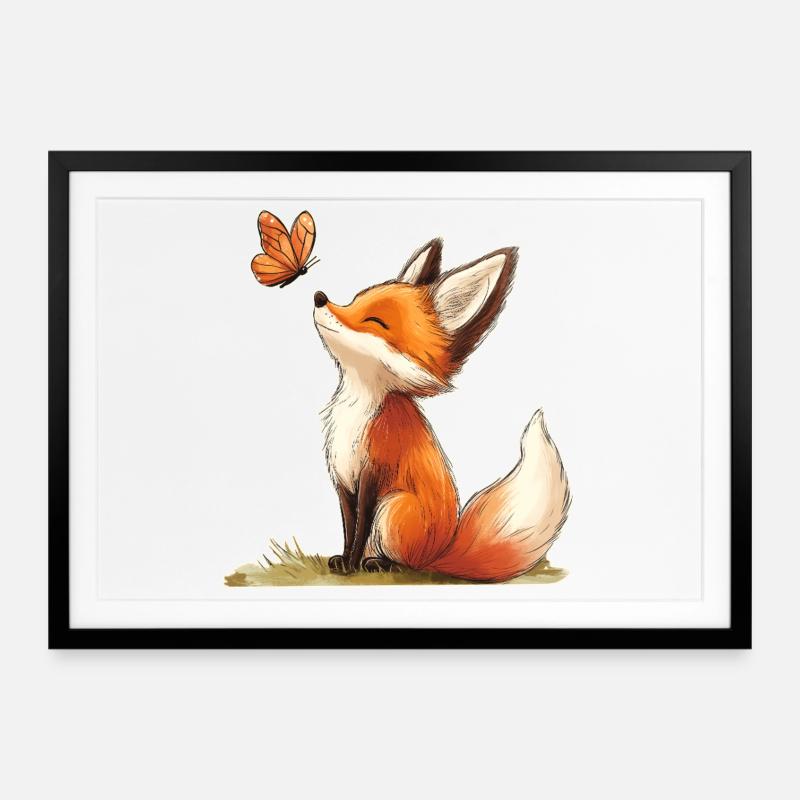 Fuchs mit Schmetterling - Gerahmtes Poster (69 × 49 cm) - Schwarz