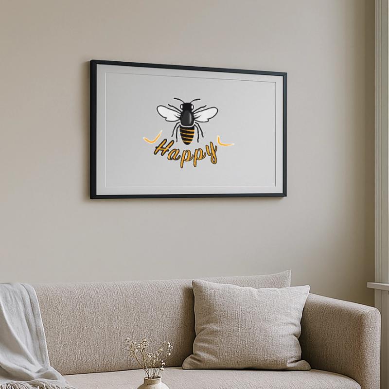 Happy bee with 'Happy' lettering Framed poster (69 × 49 cm)