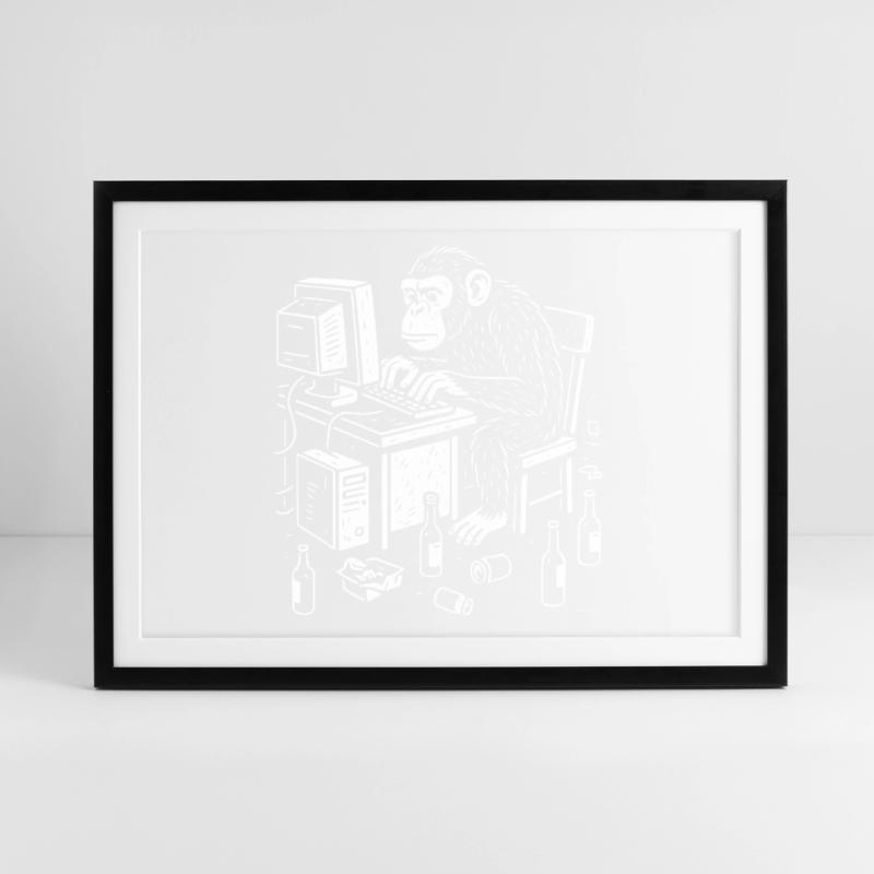 Codeur singe de bureau Affiche encadrée (69 × 49 cm)