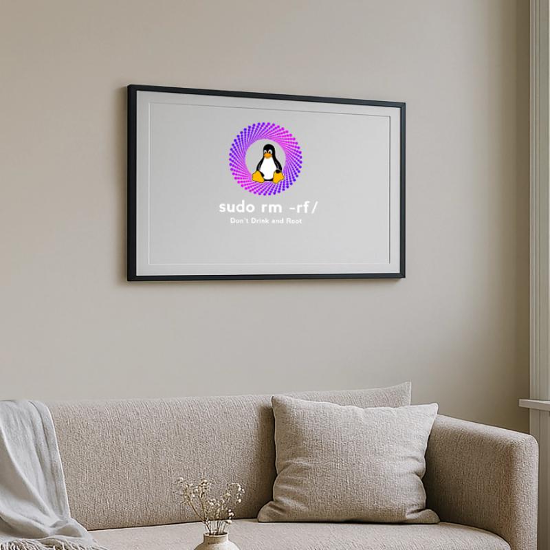 Ordinateur Sys admin Penguin Nerd pc sudo rm -rf cod Affiche encadrée (69 × 49 cm)