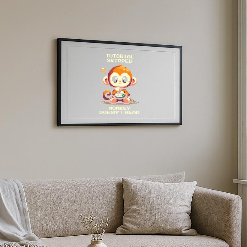 Tutorial skipped – Monkey doesn't read | Noob humor Framed poster (69 × 49 cm)