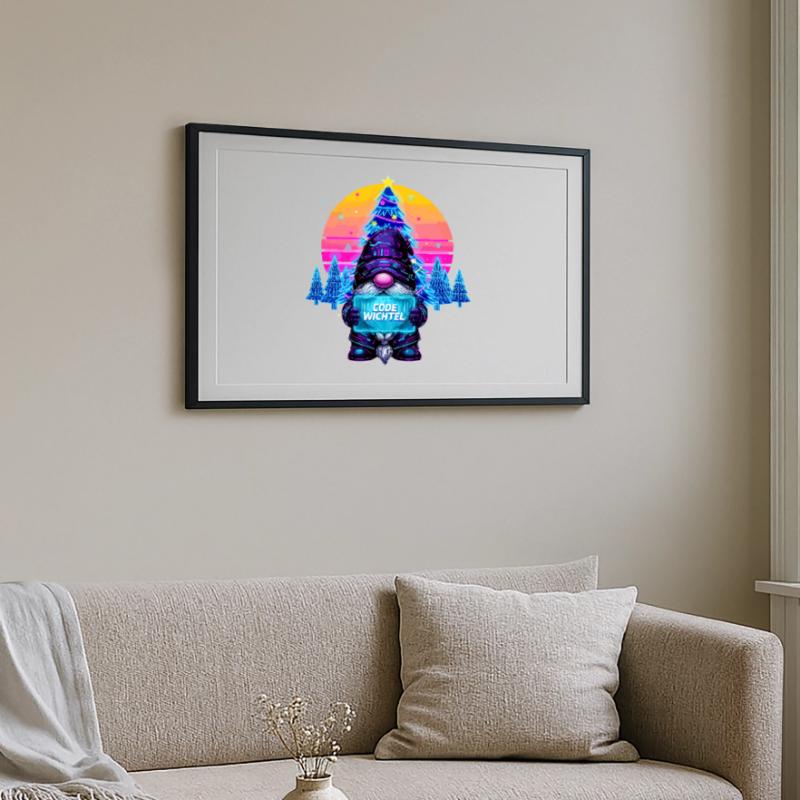 Cyberpunk Code Gnome - Synthwave Noël Nerd Affiche encadrée (69 × 49 cm)