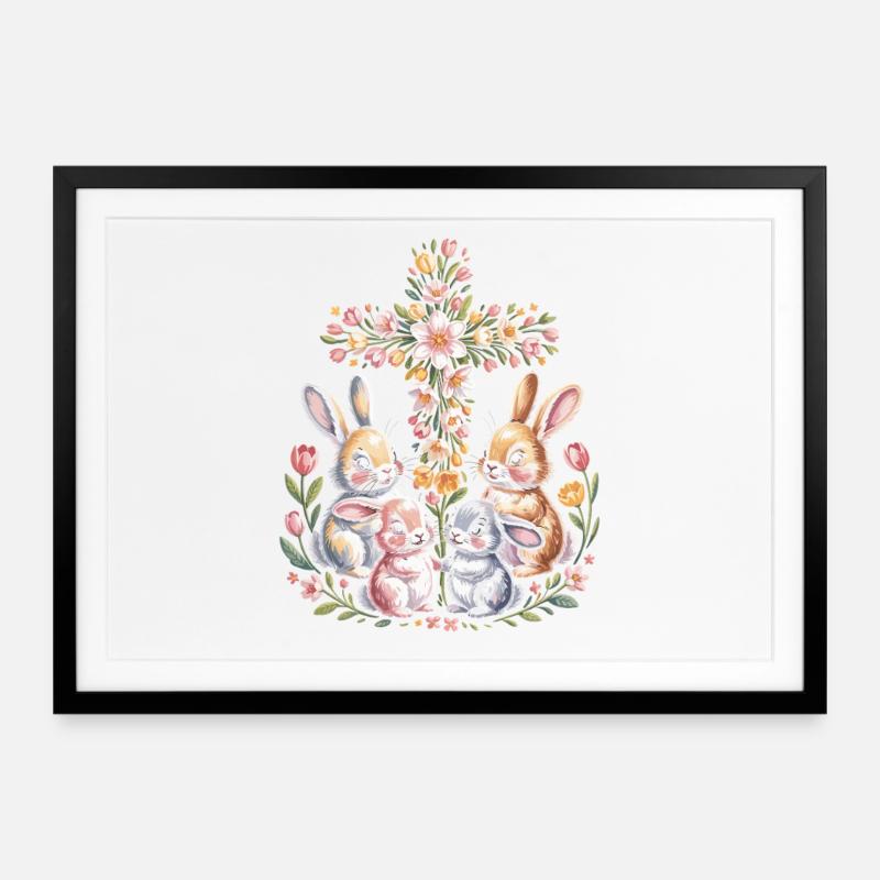 Lapins de printemps dans une couronne de fleurs - Affiche encadrée (69 × 49 cm) - noir