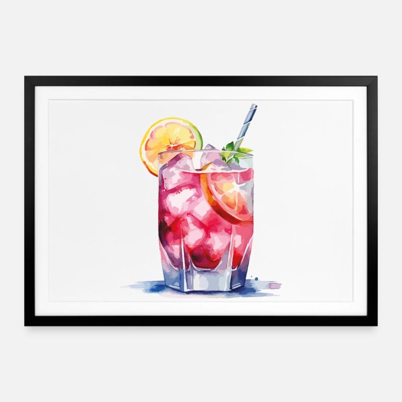 Bicchiere ad acquerello da cocktail tropicale - Poster incorniciato (69×49 cm) - nero