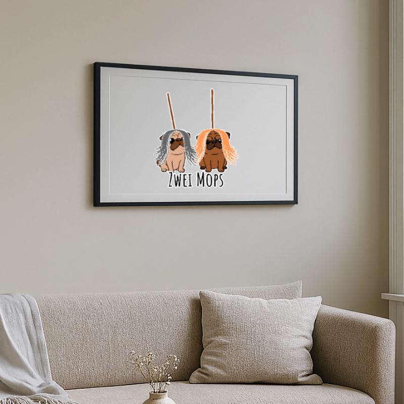 Zwei Mops - Hunde oder Putzgeräte? Hunde Humor? Gerahmtes Poster (69 × 49 cm)