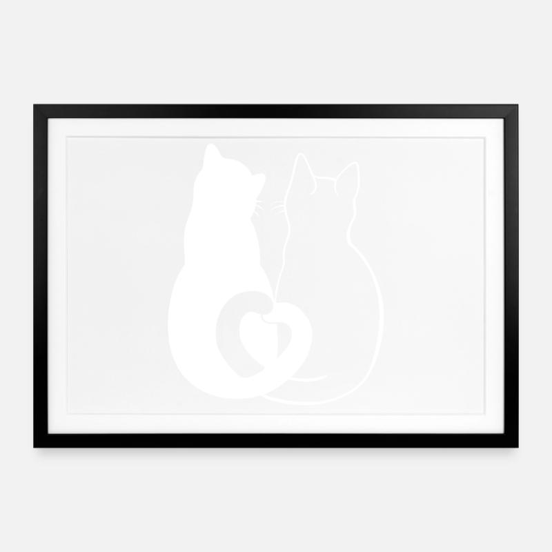 Liebevolle Katzen Silhouette Kunst - Gerahmtes Poster (69 × 49 cm) - Schwarz