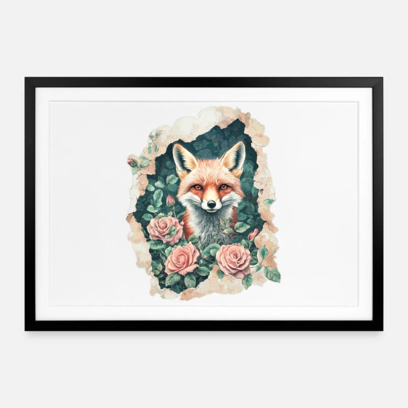 Fox with Roses Vintage - Framed poster (69 × 49 cm) - black