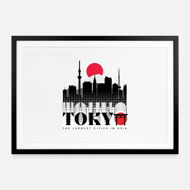 Tokyo Skyline Retro Rotsonne Design - Gerahmtes Poster (69 × 49 cm) - Schwarz