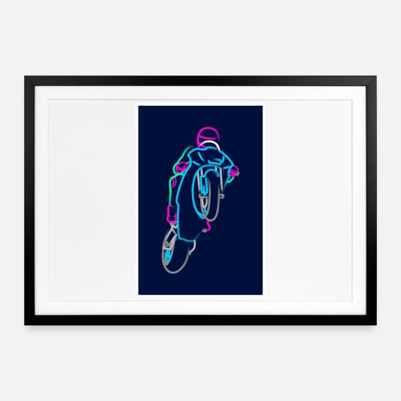 Wheelie extrême avec moto de course colorée - Affiche encadrée (69 × 49 cm) - noir