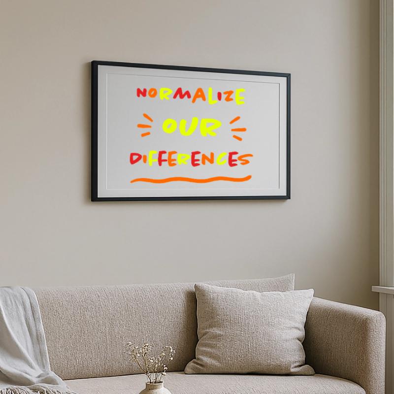 Normalize our Differences - Inklusion - neon Gerahmtes Poster (69 × 49 cm)