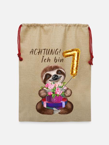 Achtung Ich bin 7 Lustiges Faultier zum Geburtstag - Jute Weihnachtssack - Beige