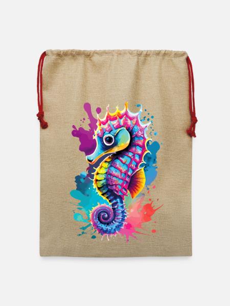 Seepferd Farbenfroh - Hippocampus Seepferdchen - Jute Weihnachtssack - Beige