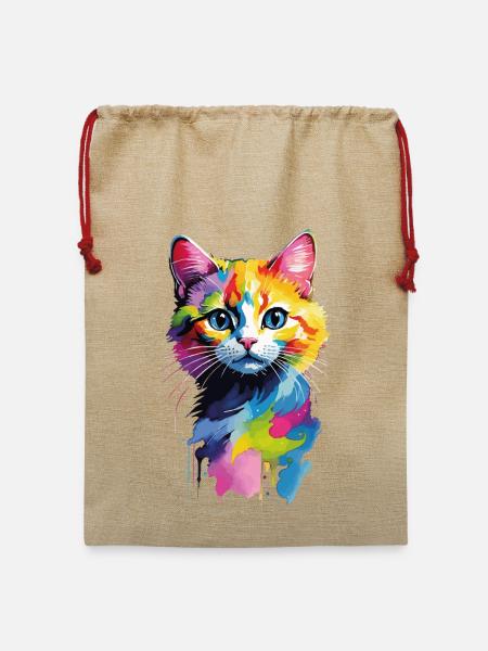 Bunter Wasserfarben-Katzenkopf - Jute Weihnachtssack - Beige