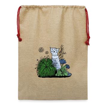 Lächelnde Katze im Blattwerk - Jute Weihnachtssack  - Beige - Vorne