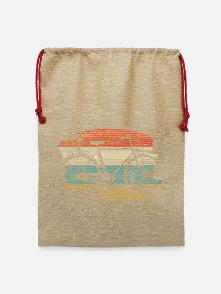 Retro Fahrrad Silhouette auf Sonnenuntergang Streifen - Jute Weihnachtssack - Beige