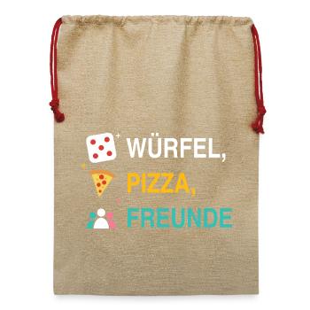 Würfel, Pizza, Freunde – Spieleabend Motiv - Jute Weihnachtssack  - Beige - Vorne