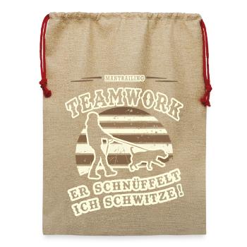 Mantrailing Teamwork Er schnüffelt Ich Schwitze - Jute Weihnachtssack  - Beige - Vorne