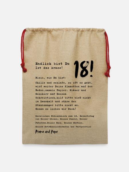 Endlich 18! 18. Geburtstag Geschenkidee  - Jute Weihnachtssack  - Beige