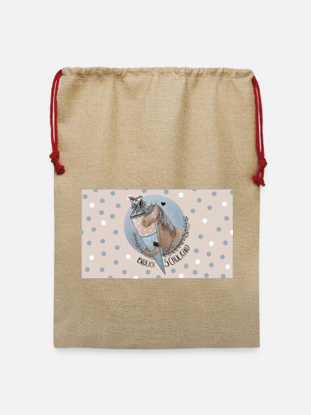 Endlich Schulkind Niedliches Pferd mit Schultüte - Jute Weihnachtssack - Beige
