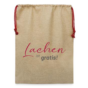 positive Sprüche - Lachen ist gratis - Jute Weihnachtssack  - Beige - Vorne