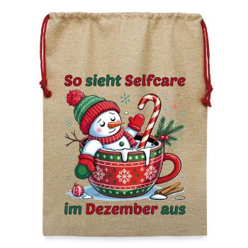 Selfcare im Dezember – Lustiges Winter Schneemann  - Jute Weihnachtssack  - Beige - Vorne