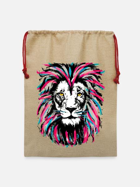 Neon Pink Löwe - Sternzeichen Löwe - Magenta Löwe - Jute Weihnachtssack - Beige
