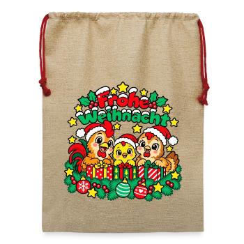 Weihnachts Hühner - Jute Weihnachtssack  - Beige - Vorne