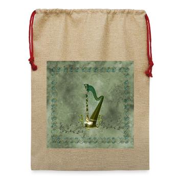 Keltische Harfe mit keltischem Knoten und Blumen mit Vogel - Jute Weihnachtssack  - Beige - Vorne