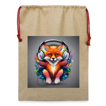 Fuchs mit Kopfhörer Farbexplosion - Jute Weihnachtssack  - Beige - Vorne