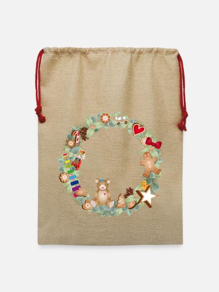 Bunter Weihnachtskranz mit Spielzeug und Lebkuchen - Jute Weihnachtssack  - Beige