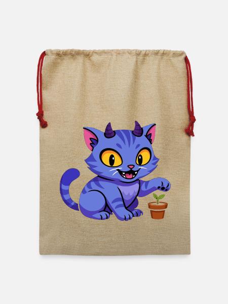 Blauer Katzenkobold mit Pflanze - Jute Weihnachtssack - Beige