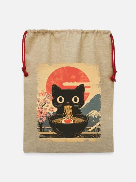 Katze isst Ramen - vintage style - Jute Weihnachtssack - Beige