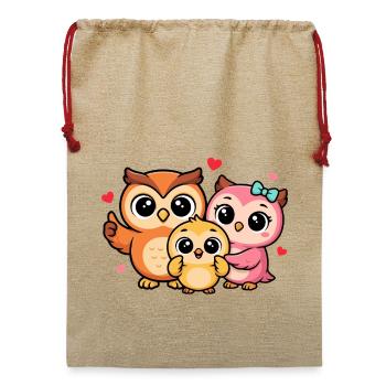 Herzige Eulenfamilie Trio - Jute Weihnachtssack  - Beige - Vorne