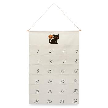 Schwarze Katze mit Halloween Kürbis - Leinen Adventskalender  - Naturweiß - Vorne