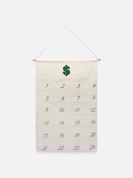 Grüner Dollar-Patch Stickerei - Leinen Adventskalender  - Naturweiß
