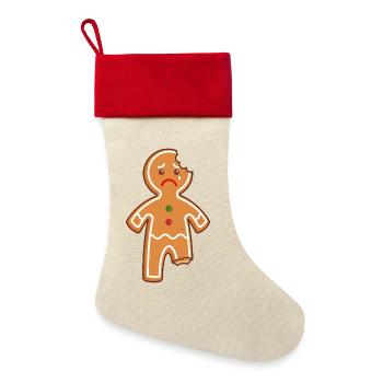 Lebkuchenmann Lebkuchen Mann Gingerbread Mi Mi Mi - Leinen Weihnachtsstrumpf - Natur/Rot  - Vorne