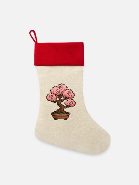 Kirchblüten Bonsai Baum - Leinen Weihnachtsstrumpf - Natur/Rot
